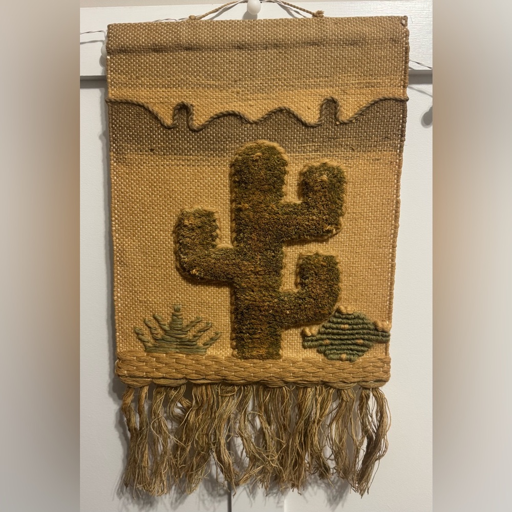 I.C.A VTG 80s 90s Handcrafted Cactus Textile Wall Hanging Boho Western